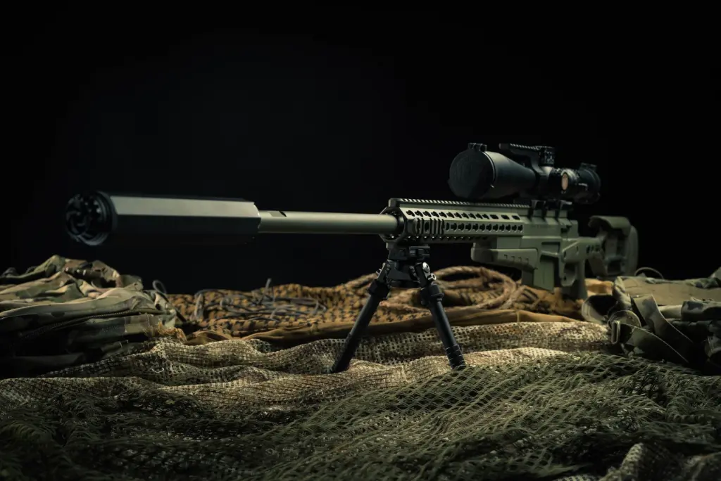Atlas bipod deployed supporting a suppressed OD-green precision rifle staged on camo netting in studio light.