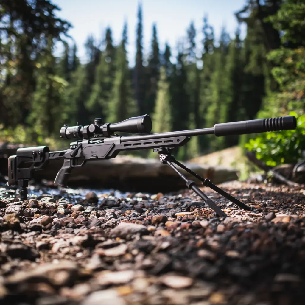 Suppressed chassis rifle on the tall Atlas PSR BT47-LW17 bipod beside a forest creek
